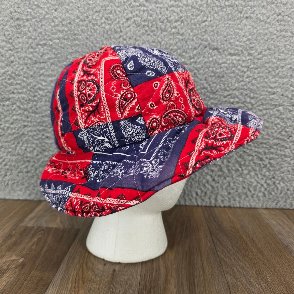 Vintage Handmade Red Navy Blue Bandana Patchwork Quilted Bucket Hat Paisley